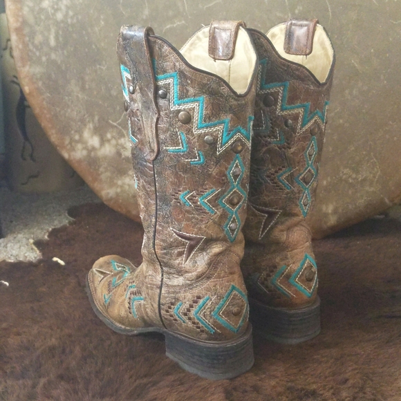 CORRAL E1024 Brown/turquoise aztec distressed cowgirl boots square toe sz 7.5 - Picture 3 of 16